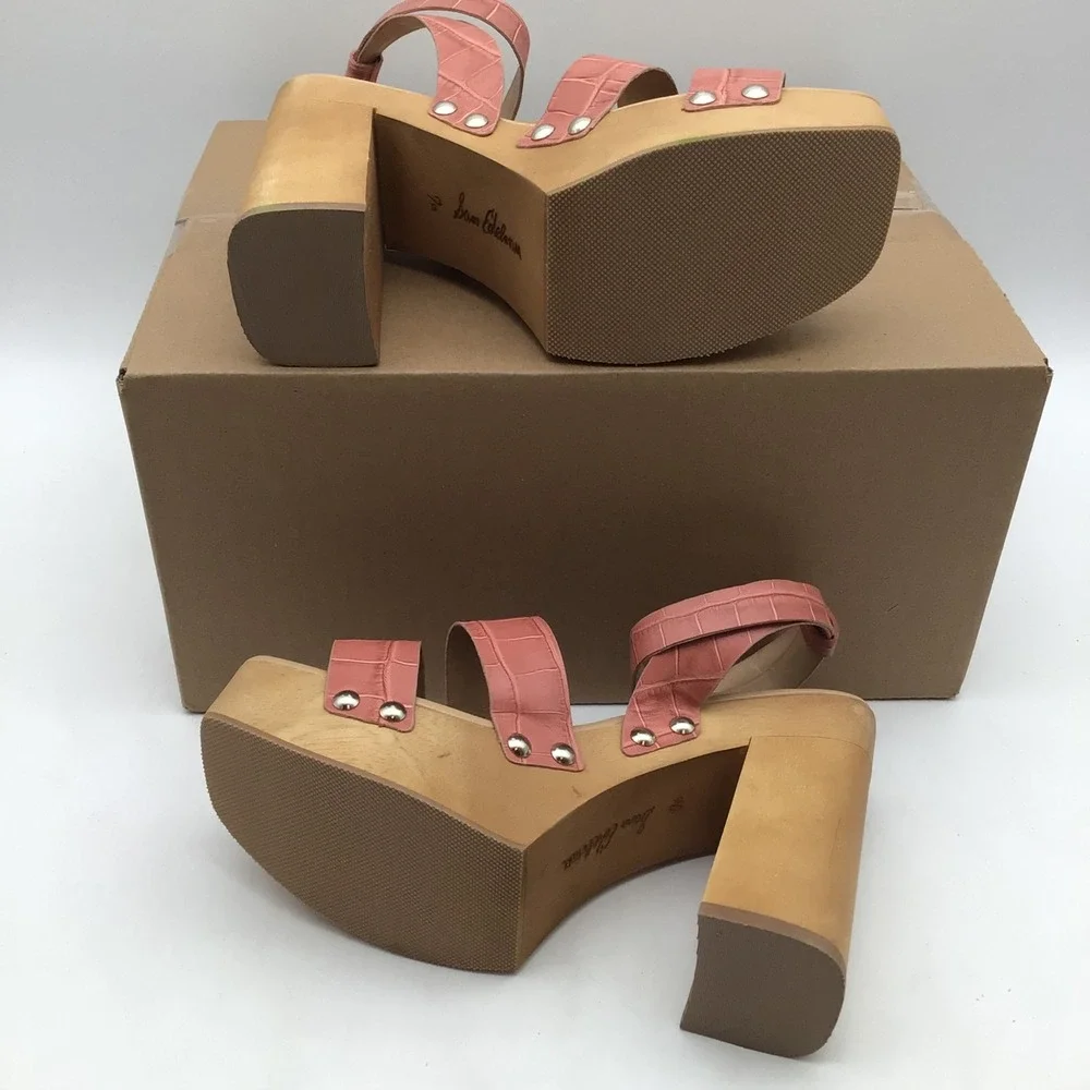 Sam Edelman Rosalind Pink Croc Leather Platform Block Heel Sandals Size 7.5M NEW